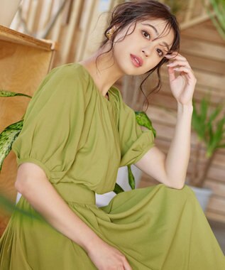 Tiaclasse 【洗える】麻調ギャザーワンピース グリーン