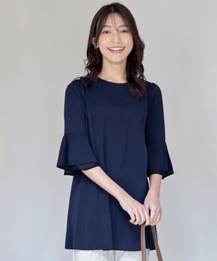Tiaclasse 【新色追加・洗える】シフォンフレア袖チュニックブラウス ネイビー