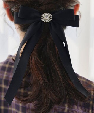 Tiaclasse サテンリボンバレッタ ブラックオフホワイト