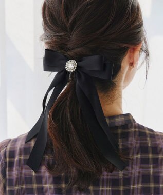 Tiaclasse サテンリボンバレッタ ブラックオフホワイト