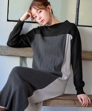 Tiaclasse 配色切替ニットワンピース ブラック