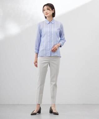 J.PRESS LADIES L 【洗える】SHEERストライプ ペプラム シャツ ブラウス サックスストライプ系