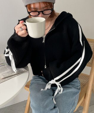 WEGO ラインリボンダブルジップニットパーカー ブラック