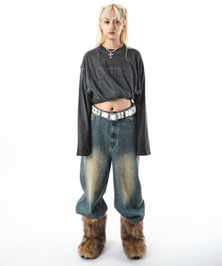 WEGO 【ユニセックス着用ITEM】スーパーバギーラインストーンデニムパンツ デニム中濃加工色