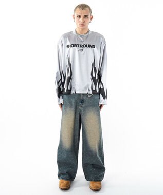 WEGO 【ユニセックス着用ITEM】スーパーバギーラインストーンデニムパンツ デニム中濃加工色