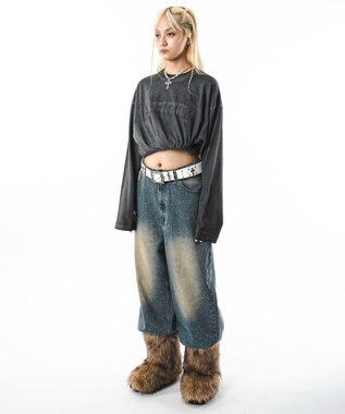 WEGO 【ユニセックス着用ITEM】スーパーバギーラインストーンデニムパンツ デニム中濃加工色