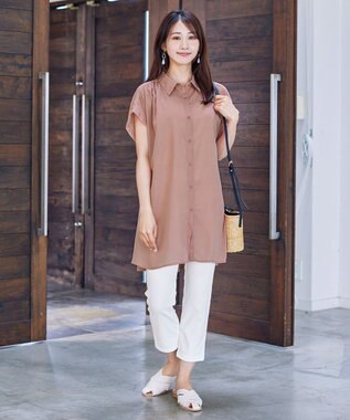 Tiaclasse 【洗える】フレンチスリーブシャツチュニックブラウス ライトピンク