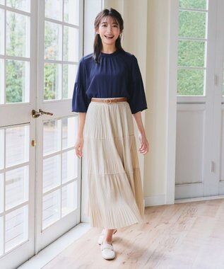 Tiaclasse 【洗える】ボリューム袖ハイネックブラウス ネイビー