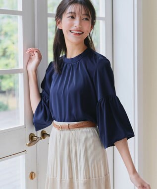 Tiaclasse 【洗える】ボリューム袖ハイネックブラウス ネイビー