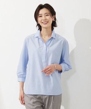 J.PRESS LADIES 【イージーケア】STRIPE JERSEY シャツ衿 カットソー サックスブルー系1