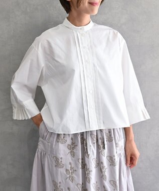 muuc 〈遠州織物の工場で織られた上質なコットン生地〉〈ブロード生地〉フロントタック プリーツ八分袖ブラウス ホワイト