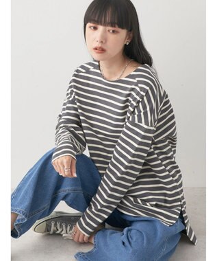 earth music&ecology バック釦ボーダーチュニック Charcoal Gray