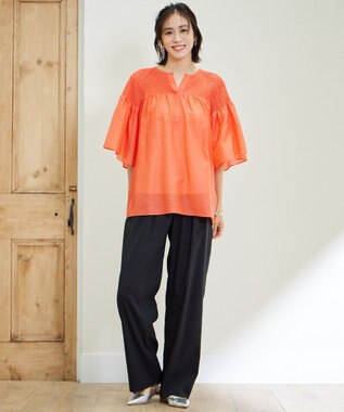 自由区 【洗える】シルクコットンローンスモッキング刺繍 ブラウス マンダリン