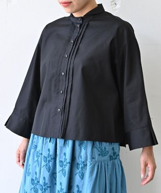 muuc 〈遠州織物の工場で織られた上質なコットン生地〉〈ブロード生地〉フロントタック プリーツ八分袖ブラウス ブラック