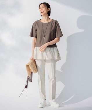 自由区 【洗える】コンビネーションシャーティング ペプラムデザイン カットソー ブラウン系1