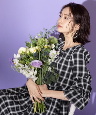 Tiaclasse 【洗える】女性らしさ引き立つリボン袖ギャザーワンピース ブラックチェック