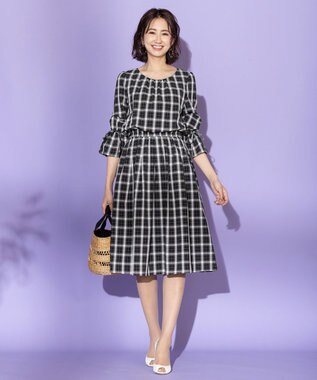 Tiaclasse 【洗える】女性らしさ引き立つリボン袖ギャザーワンピース ブラックチェック