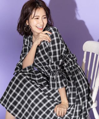 Tiaclasse 【洗える】女性らしさ引き立つリボン袖ギャザーワンピース ブラックチェック