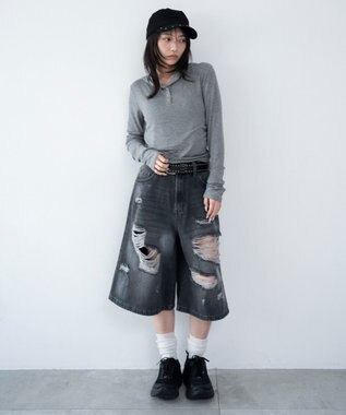 WEGO ヘンリーネックフードロンT 杢グレー