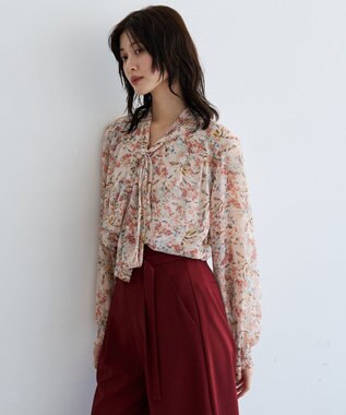 YECCA VECCA フラワー柄シアーボウタイブラウス Pink Beige