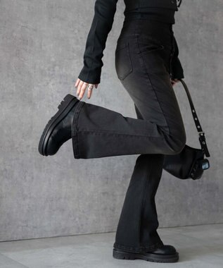 WEGO ハイウエストストレッチフレアデニムパンツ スミクロ