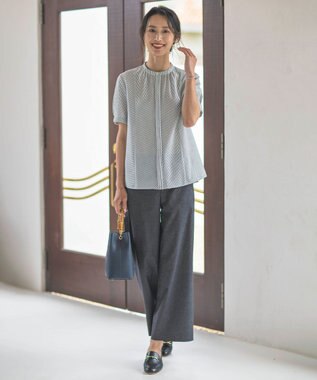 J.PRESS LADIES L 【洗える】麻ポリエステルストレッチ ワイド パンツ ブラックシャンブレー系