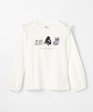 ANY KIDS おけいこモチーフ刺繍入り 長袖Tシャツ オフホワイト（ねこ×ピアノ）
