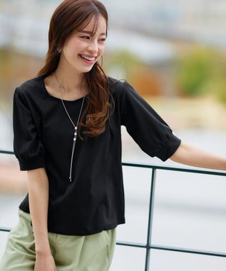 Tiaclasse L 【小倉優子さん着用・洗える・接触冷感・汗ジミ防止】“サマさまカットソー”パール付きパフスリーブトップス ブラック