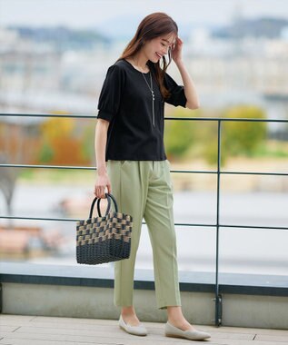 Tiaclasse L 【小倉優子さん着用・洗える・接触冷感・汗ジミ防止】“サマさまカットソー”パール付きパフスリーブトップス ブラック