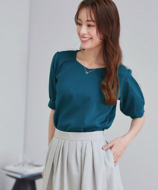 Tiaclasse L 【小倉優子さん着用・洗える・接触冷感・汗ジミ防止】“サマさまカットソー”パール付きパフスリーブトップス ターコイズ