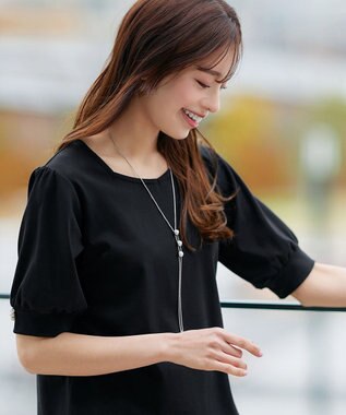 Tiaclasse L 【小倉優子さん着用・洗える・接触冷感・汗ジミ防止】“サマさまカットソー”パール付きパフスリーブトップス ブラック