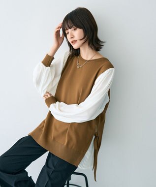 YECCA VECCA サイドプリーツ異素材MIXプルオーバー Camel
