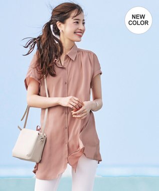 Tiaclasse L 【洗える】フレンチスリーブシャツチュニックブラウス ライトピンク