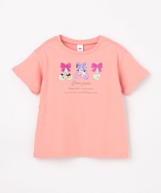 ANY KIDS 【綿100%】ドロップショルダーミラクルスパンコールTシャツ コーラル×サクランボ