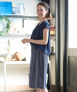 Tiaclasse 【洗える】大人こなれた印象のドッキングドロストワンピース ネイビー