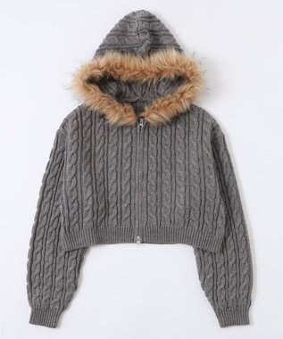 WEGO フェイクファー付きケーブルニットパーカー グレー