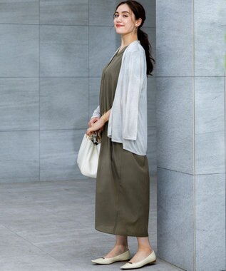 23区 L 【Lサイズ限定/接触冷感/速乾性/洗える】エアリーブライトローン Vネックワンピース カーキ系