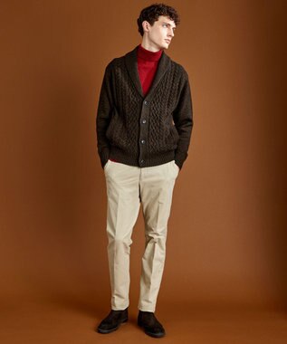 JOSEPH ABBOUD 【イタリア糸使用/軽く暖かい】 ラムウールケーブル柄ショールカラーカーデ カーキ系