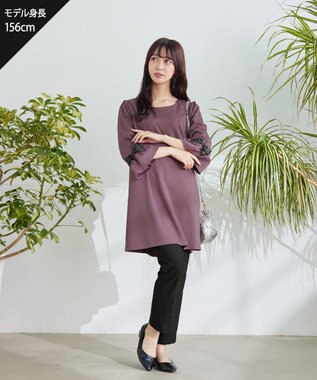 Tiaclasse 【洗える】グログランリボン付きフリル袖チュニック ピンクモカ