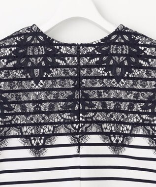 自由区 S 【洗える】レース Tシャツ オフ×ネイビーボーダー