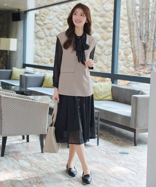 Tiaclasse 【ブラウス&ベスト&パンツ3点セット】リボンタイブラウス＋ベスト付き 3点セットアップ グレージュ