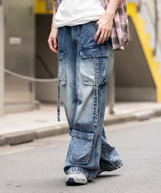 WEGO イージーマルチポケットデニムカーゴ デニム淡加工色