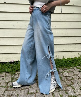 WEGO 【ウエストゴム/楽ちん】サマーデニムサイドリボンパンツ デニム淡色