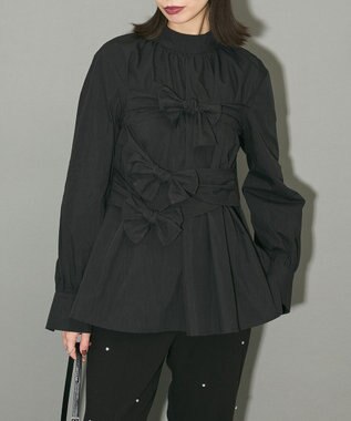 Green Parks リボンデザインハイネックブラウス Black