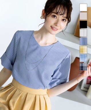 Tiaclasse L 【洗える】ゆったりシルエットの幅広カフスブラウス サックスストライプ