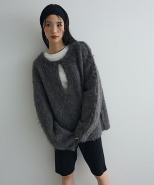 Green Parks 前後２ｗａｙキーネックシャギーニット Charcoal Gray