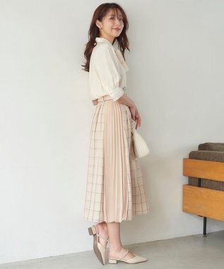 Feroux 【洗える】プリーツコンビチェック スカート ベージュ系3