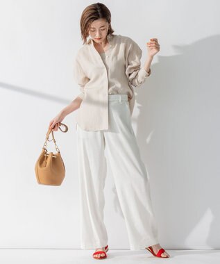 23区 【洗える】リネンレーヨンストレッチ ワイド パンツ ホワイト系