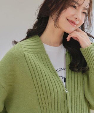 Tiaclasse 【洗える】ダブルジップリブニットカーディガン グリーン