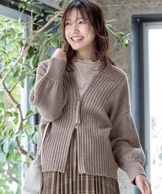 Tiaclasse 【洗える】ダブルジップリブニットカーディガン ベージュ